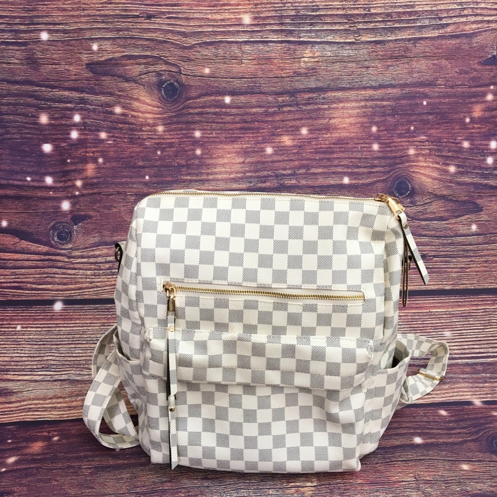 White and gray checked backpack